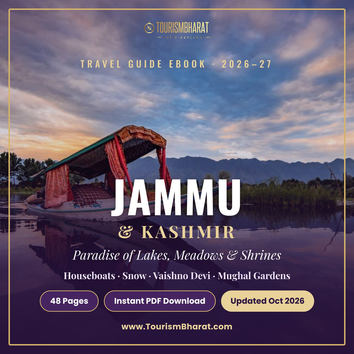 Jammu & Kashmir Travel Guide 2026-27 eBook cover by TourismBharat, with a shikara on Dal Lake at sunset
