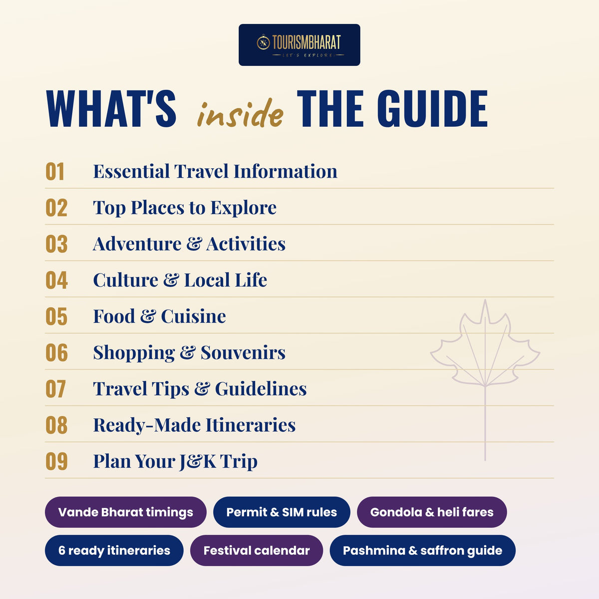 Contents of the Jammu & Kashmir travel guide PDF: 9 sections from essential travel info to ready-made itineraries