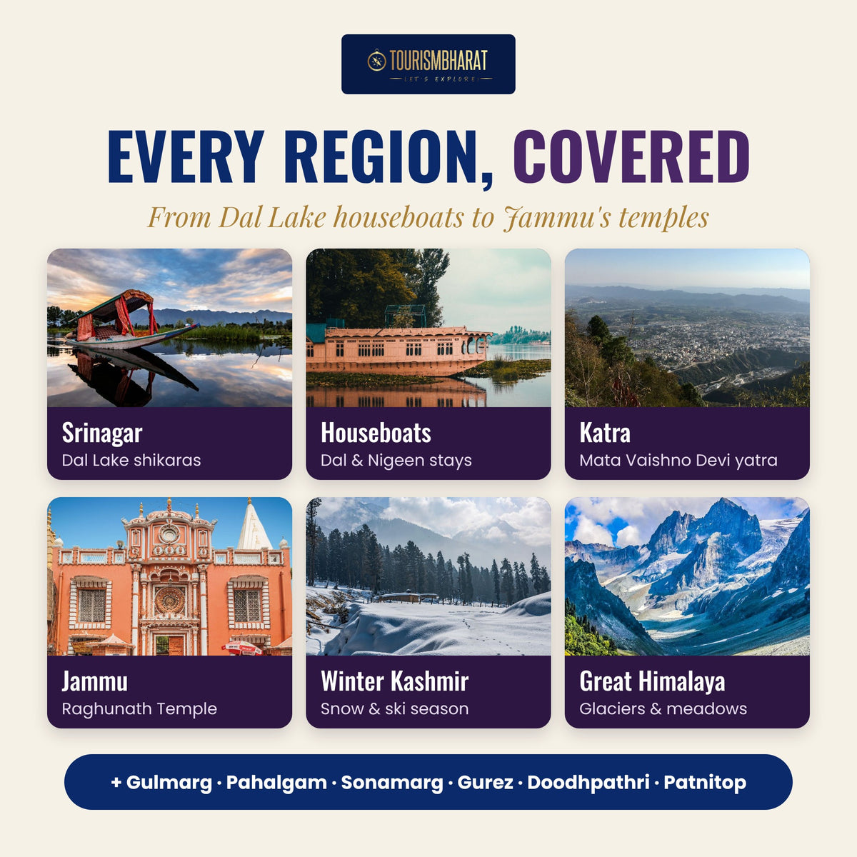 Regions covered in the guide: Srinagar, houseboats, Katra Vaishno Devi, Jammu, winter Kashmir and the Himalaya